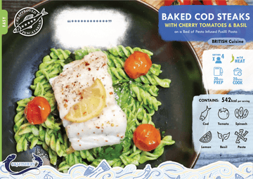 BAKED COD STEAKS WITH CHERRY TOMATOES & BASIL ON A BED OF PESTO INFUSED FUSILLI PASTA