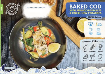 Baked Cod with Spring vegetables and Royal Potatoes