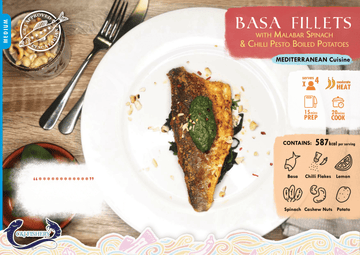 BASS FILLETS WITH MALABAR SPINACH & CHILLI PESTO BOILED POTATOES
