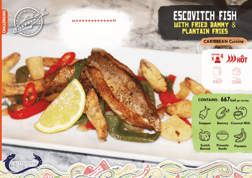 ESCOVITCH FISH WITH FRIED BAMMY & PANTTAIN FRIES