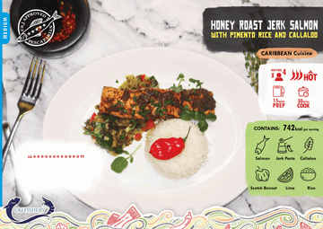 HONEY ROAST JERK SALMON WITH PIMENTO RICE AND CALLALDO