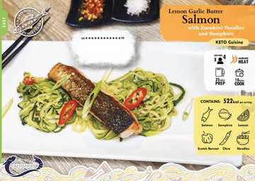 LEMON GARLIC BUTTER SALMON WITH ZUHEENI NOODLES AND SAMPHIRE