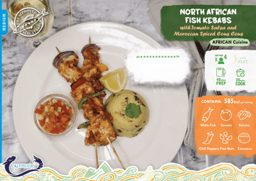 NORTH AFRICAN FISH KEBABS  WITH TOMATO SALSA & MOROCCAN SPICED CONS CONS